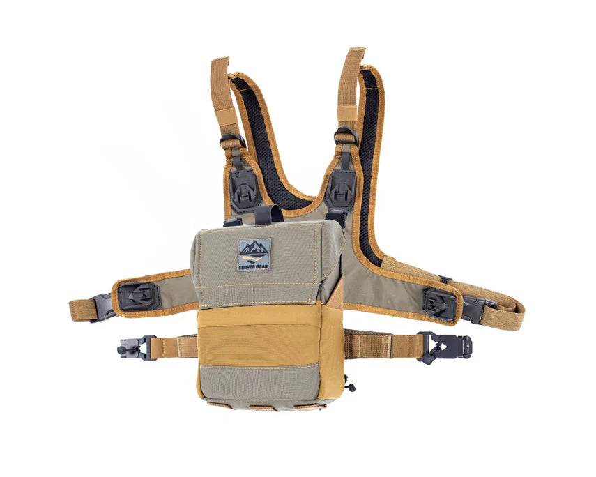 Tan binocular harness with multiple straps and a visible Striver Gear logo on a white background