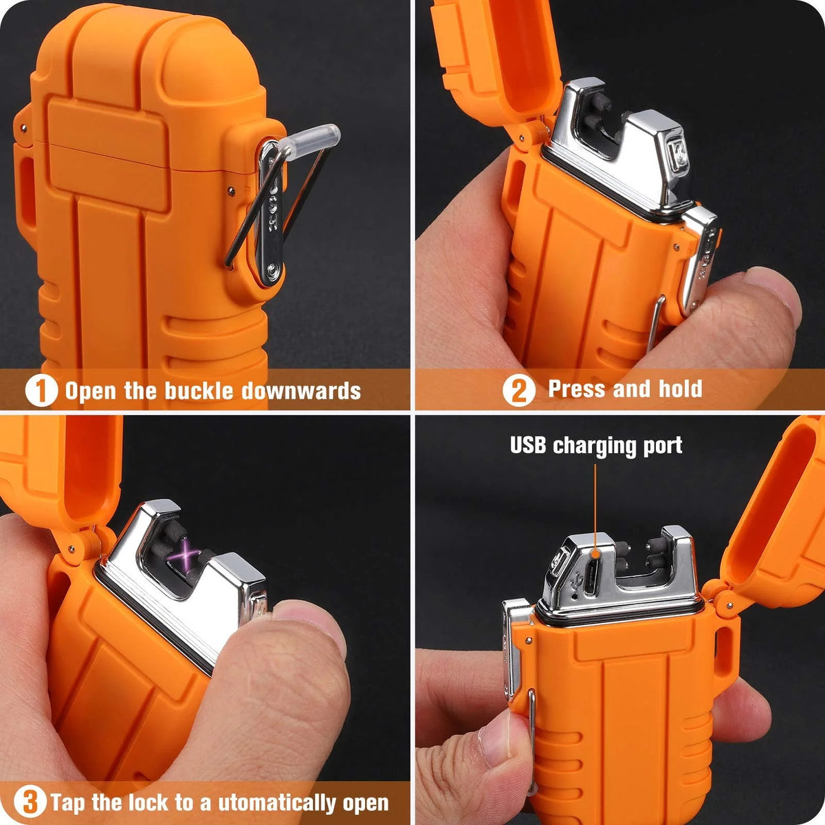 Orange lighter with USB charging port and usage instructions on a black background