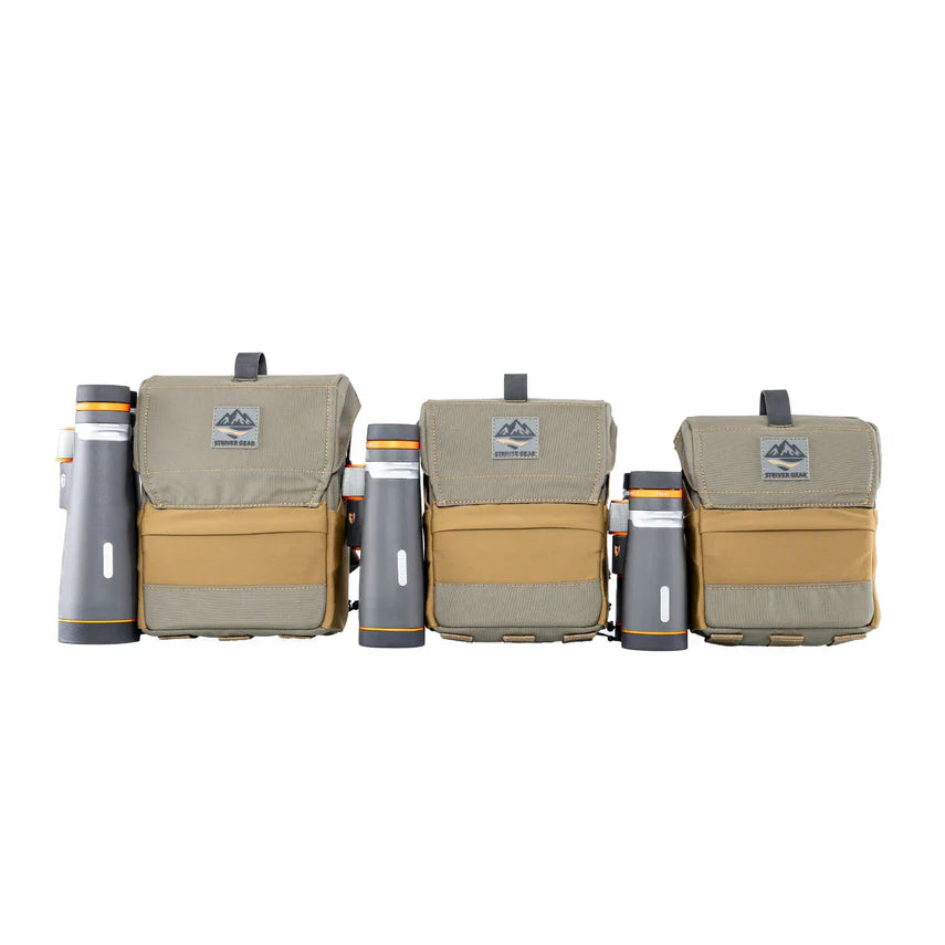 Set of three binocular packs with binoculars on a white background