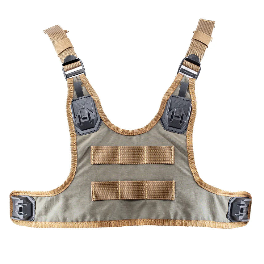 Quick release bino harness with beige straps on a white background