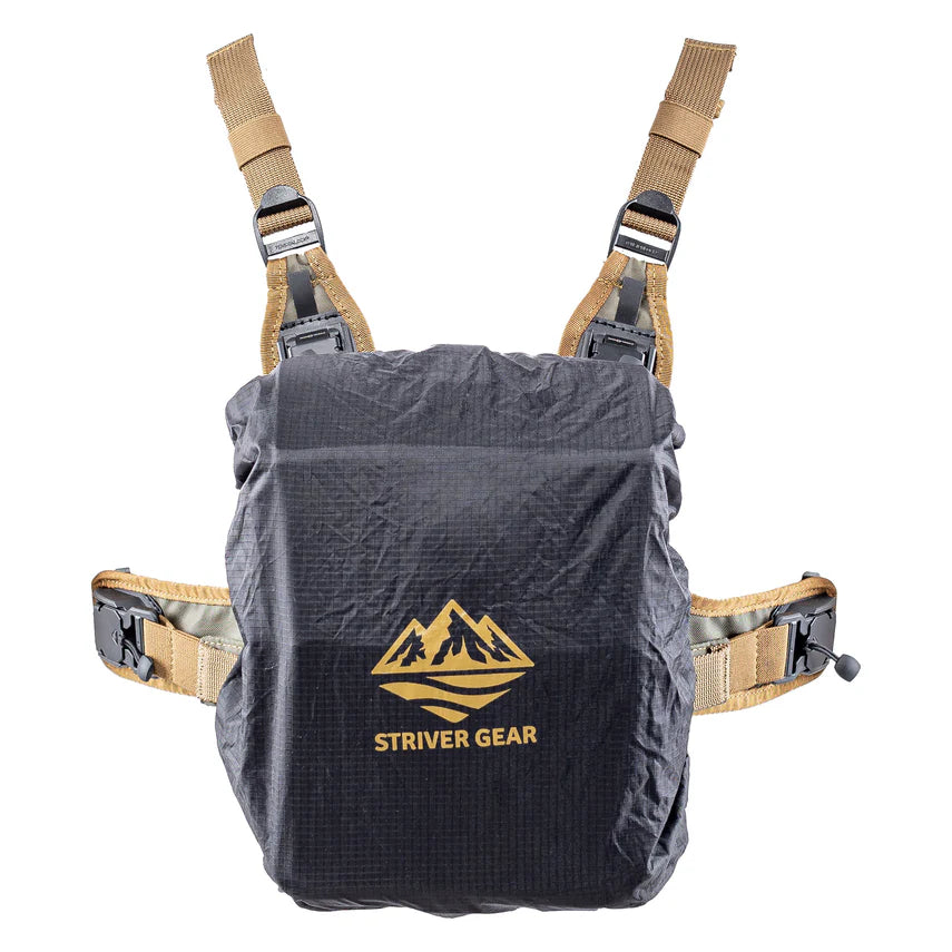 Quick release bino harness with waterproof cover tan straps and Striver Gear logo on a white background
