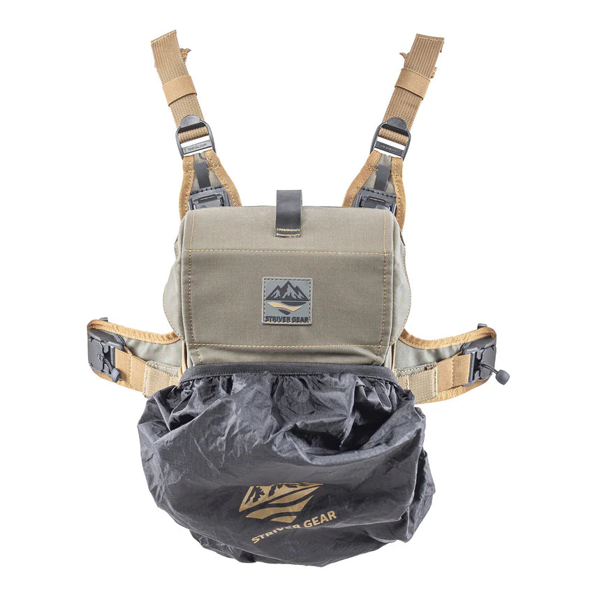 Binocular harness with straps and a waterproof cover with a Striver Gear logo on a white background