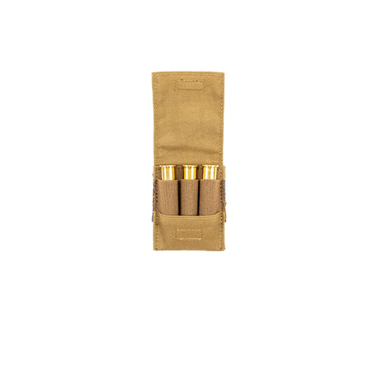 Tan bullet holder with three gold bullets on a white background
