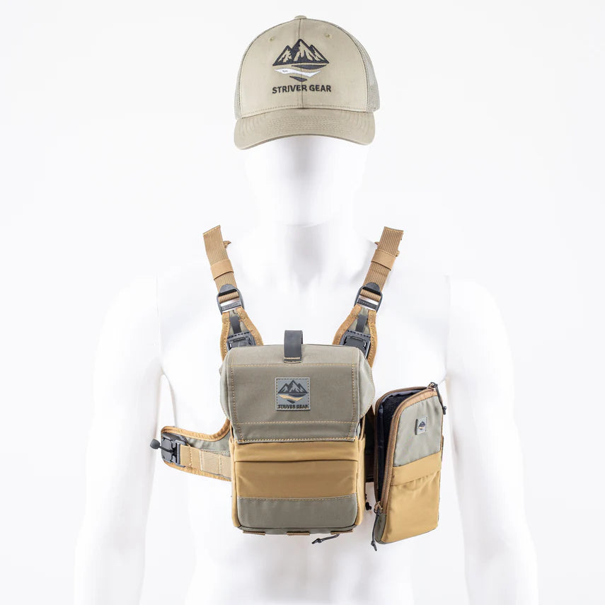 Striver Gear cap and Streamline Series bino harness with phone pouch on a white background
