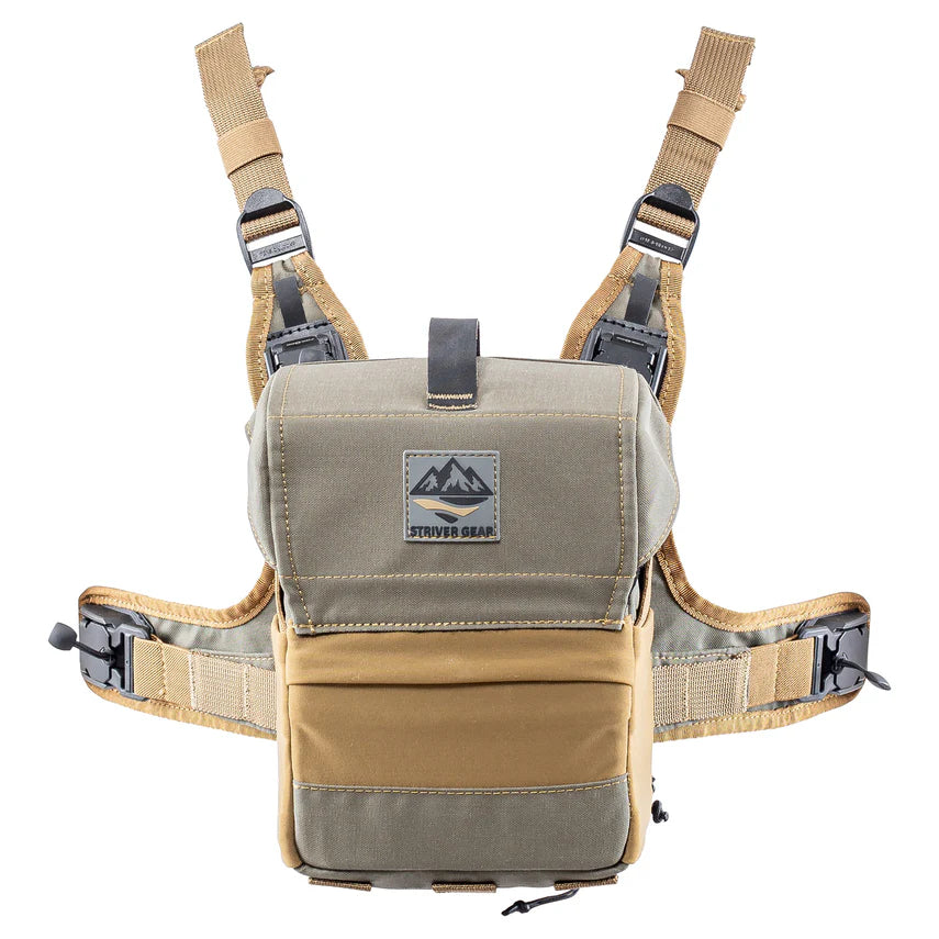 Tan and beige binocular harness with a Striver Gear logo on a white background