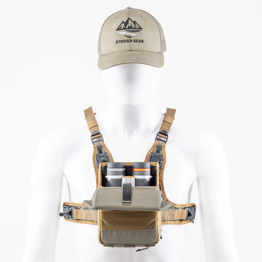 Tan Striver Gear cap and binocular harness vest on a mannequin with a white background