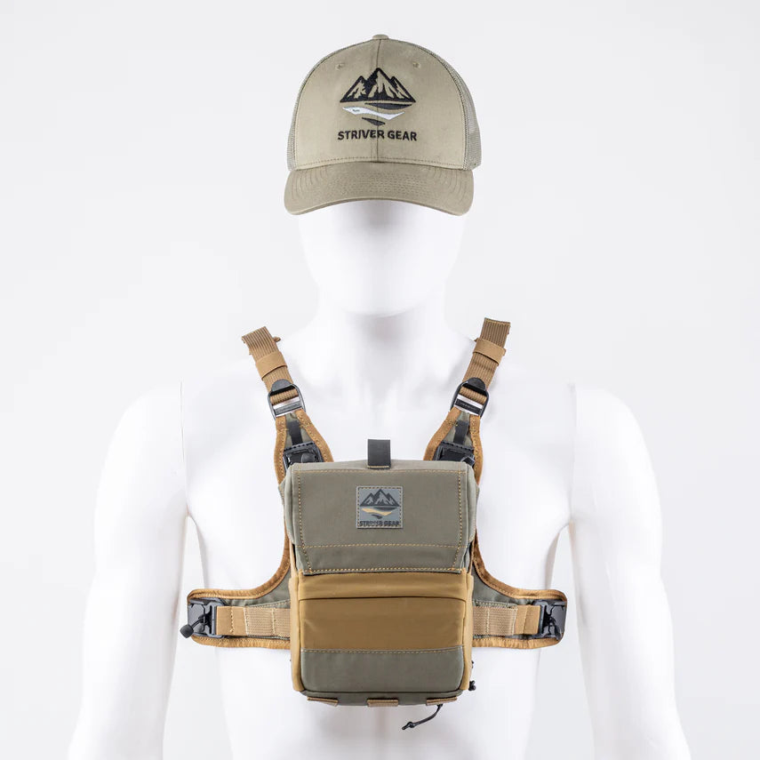 Chest harness and cap with Striver Gear logos on a white background