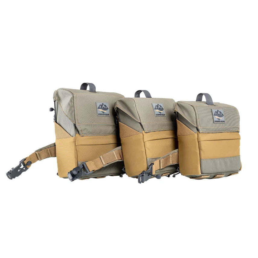 Three beige and brown binocular harnesses on a white background