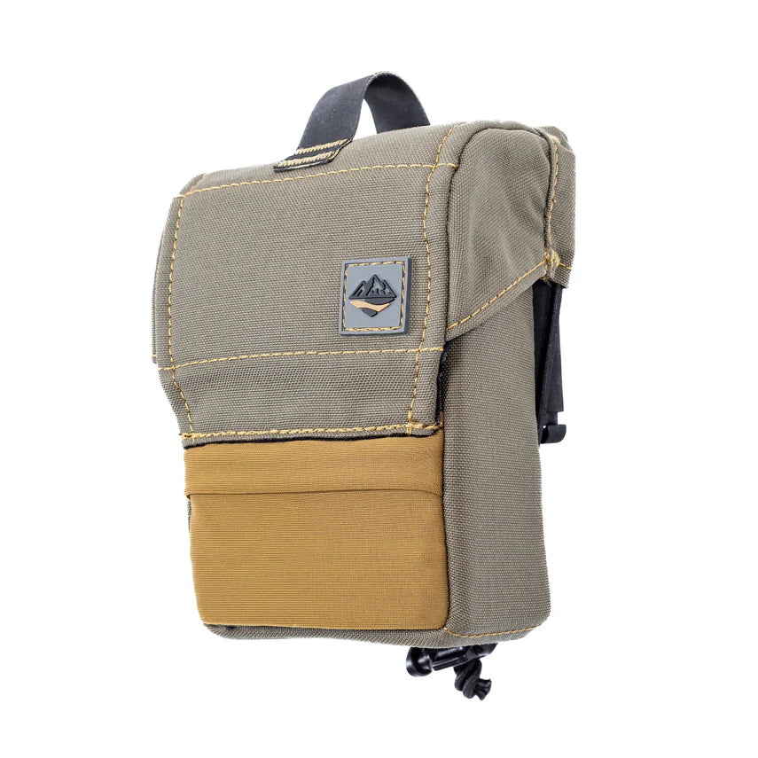 Rangefinder pouch with a beige front panel and gray back panel on a white background