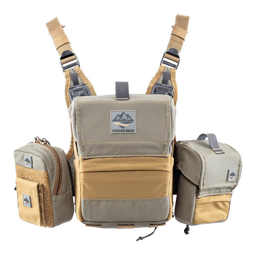 Tactical vest with multiple pouches on a white background