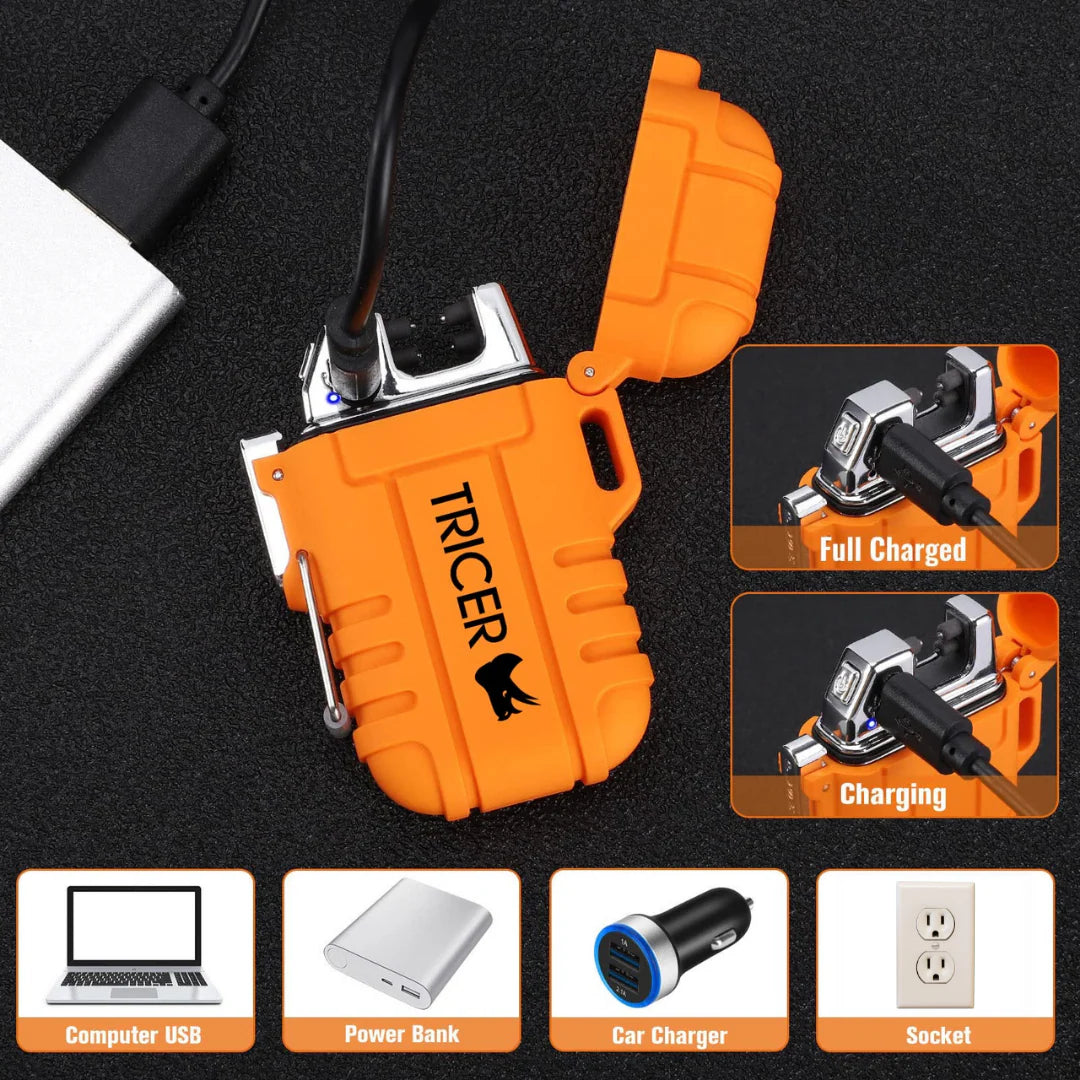 Orange arc lighter with 'TRICER' branding on a black background, connected to a charging port