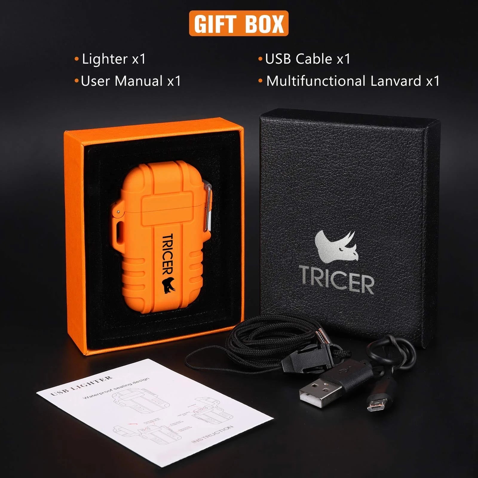 Orange arc lighter, black user manual, USB cable, and black box with Tricer logo on a dark background