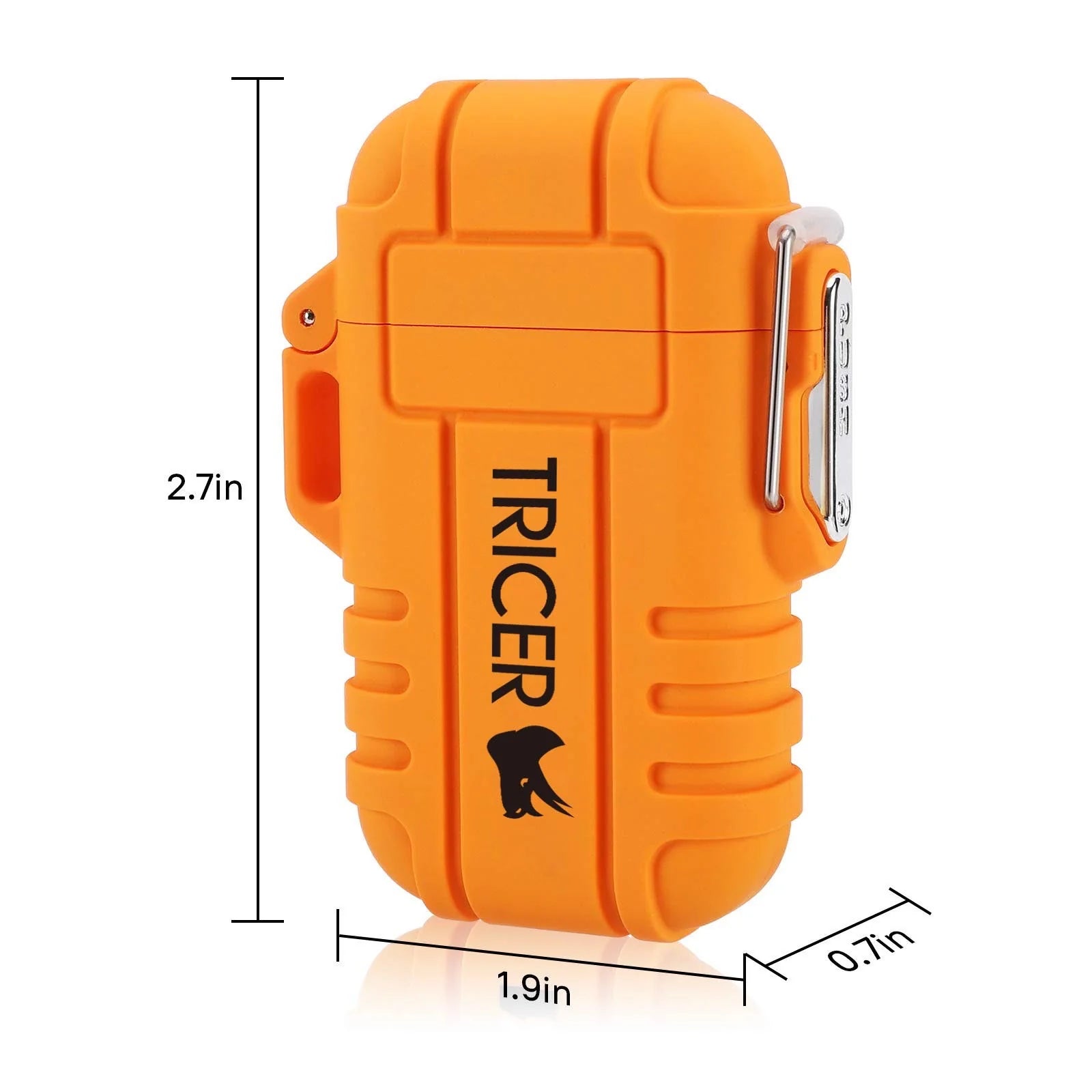 Orange lighter with 'TRICER' branding and dimensions on a white background